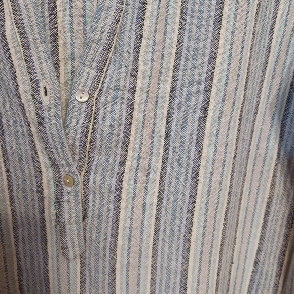 Calypso Beachy Cotton Striped Top Fringed HEM Ladies Medium Blues Henley - Picture 3 of 4